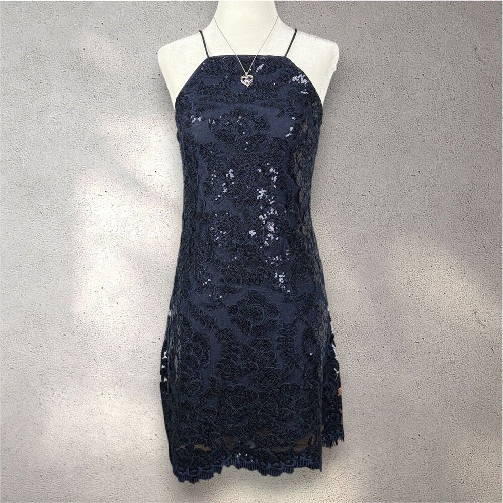 Anthropologie Poisat Sequined Halter Dress Women's 0 Blue Slim Party Lucy Paris